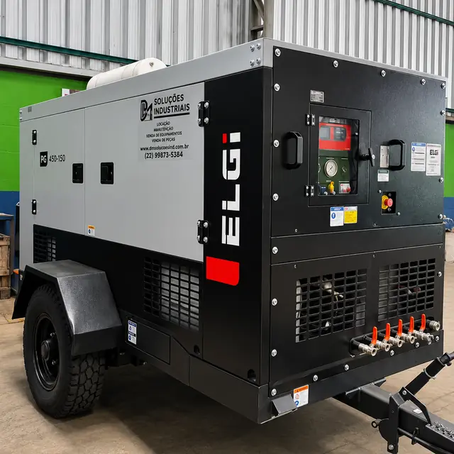 Compressor de ar a diesel ELGi da DM Soluções com chassi e cambão para reboque